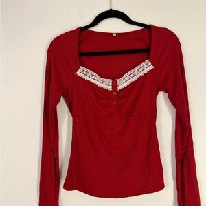 Chic Red Lace-Accent Women's Long Sleeve Top